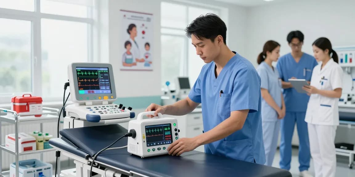 Defibrillator cost analysis in a medical setting with healthcare professionals reviewing emergency equipment.