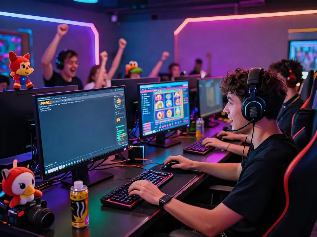 Gamer enjoying rokok88 slot at a vibrant gaming lounge surrounded by neon lights.