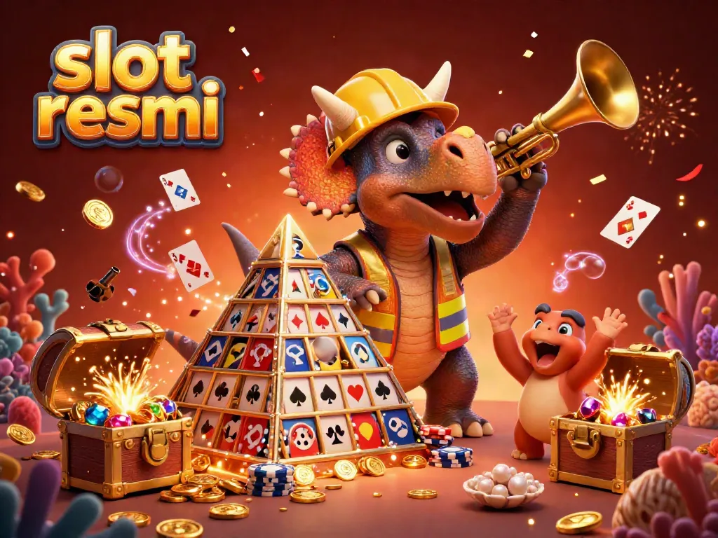 Celebrate wins with slot resmi as a triceratops builds a stack of colorful poker chips and slot reels, surrounded by cheering companions.
