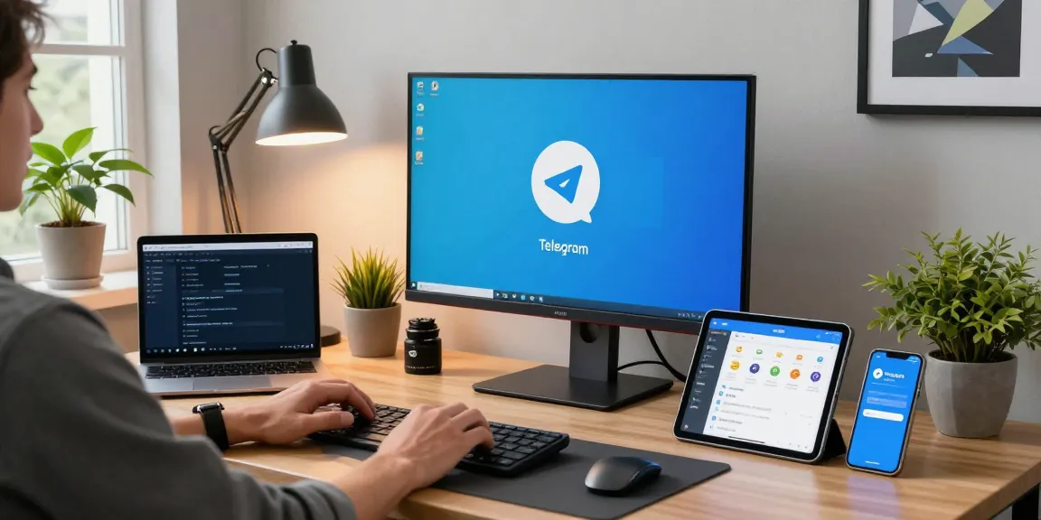 Configure Telegram Chinese settings in a modern tech workspace with vibrant lighting and gadgets.