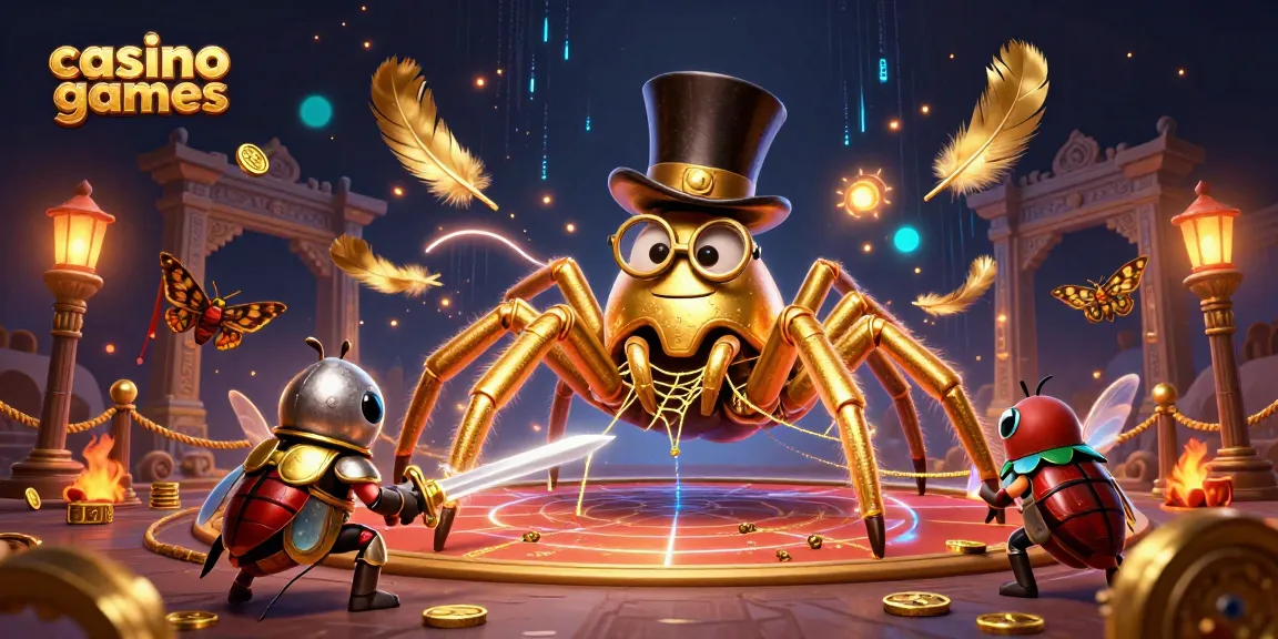 Experience exciting casino games with a golden tarantula and knight amid fluttering moths.