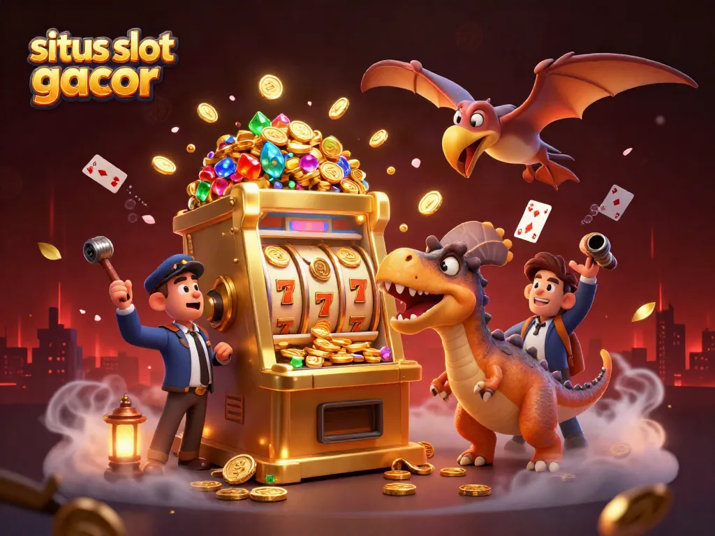 Slot gacor dengan dinosaur dan slot emas meledak untuk jackpot di ilustrasi 3D