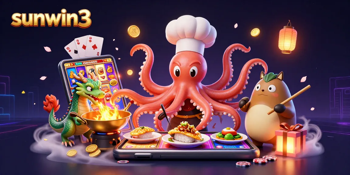 Engage with sunwin3 slots while the octopus chef creates golden dishes in a vibrant casino scene.