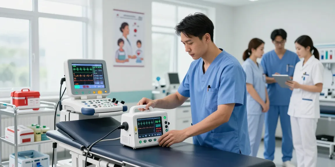 Defibrillator cost analysis in a medical setting with healthcare professionals reviewing emergency equipment.